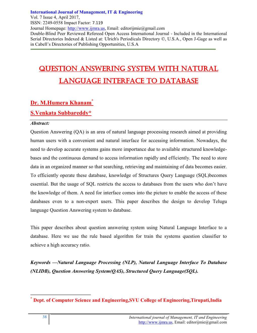 Question Answering System with Natural Language Interface to Database