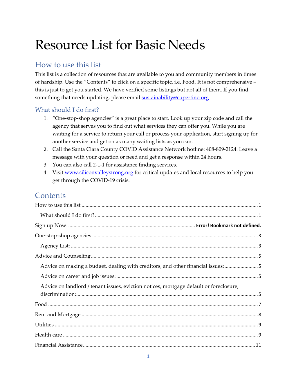 Resource List for Basic Needs
