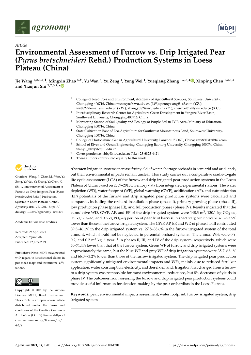 Environmental Assessment of Furrow Vs. Drip Irrigated Pear (Pyrus Bretschneideri Rehd.) Production Systems in Loess Plateau (China)