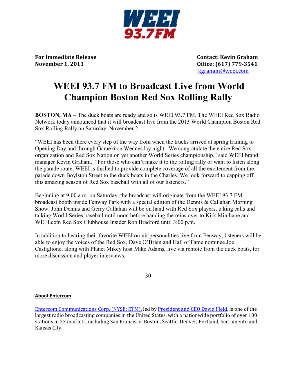 WEEI 93.7 FM to Broadcast Live from World Champion Boston Red Sox Rolling Rally