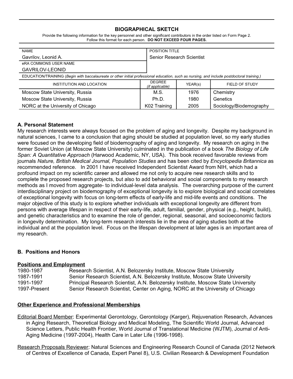 PHS 398 (Rev. 5/01), Biographical Sketch Format Page