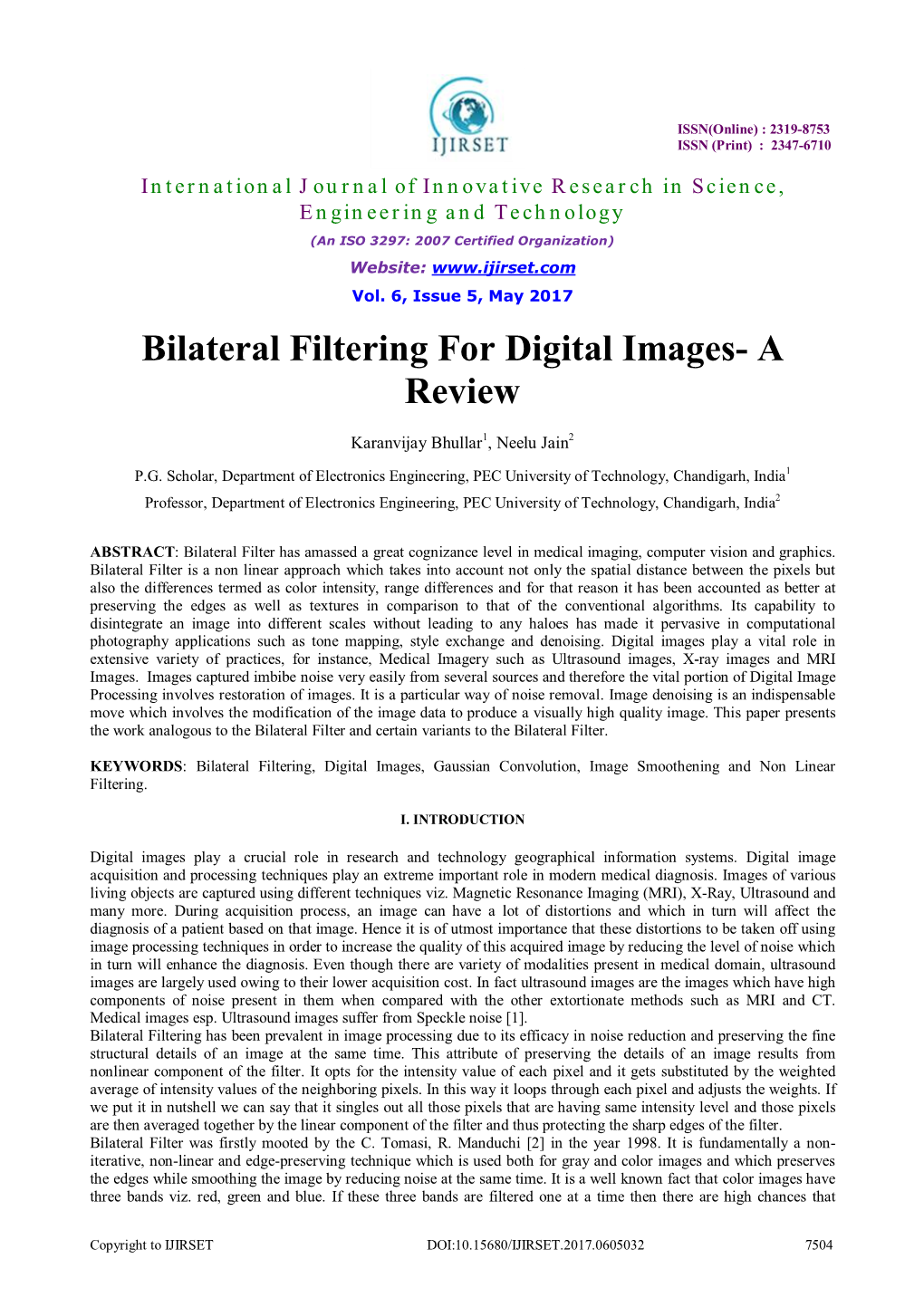 Bilateral Filtering for Digital Images- a Review