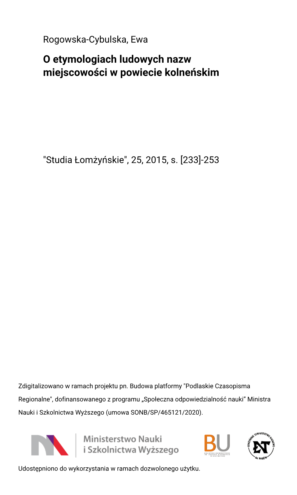 O Etymologiach Ludowych Nazw Miejscowości W Powiecie Kolneńskim