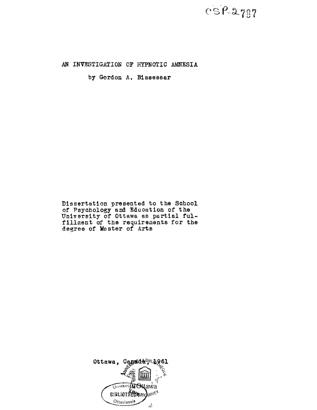 AN INVESTIGATION of HYPNOTIC AMNESIA by Gordon A. Bissessar