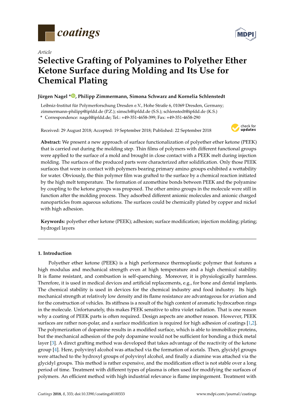 Selective Grafting of Polyamines to Polyether Ether Ketone Surface During Molding and Its Use for Chemical Plating