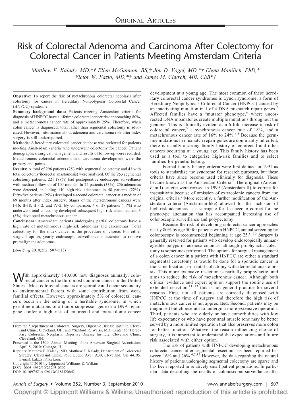 Risk of Colorectal Adenoma and Carcinoma After Colectomy for Colorectal Cancer in Patients Meeting Amsterdam Criteria