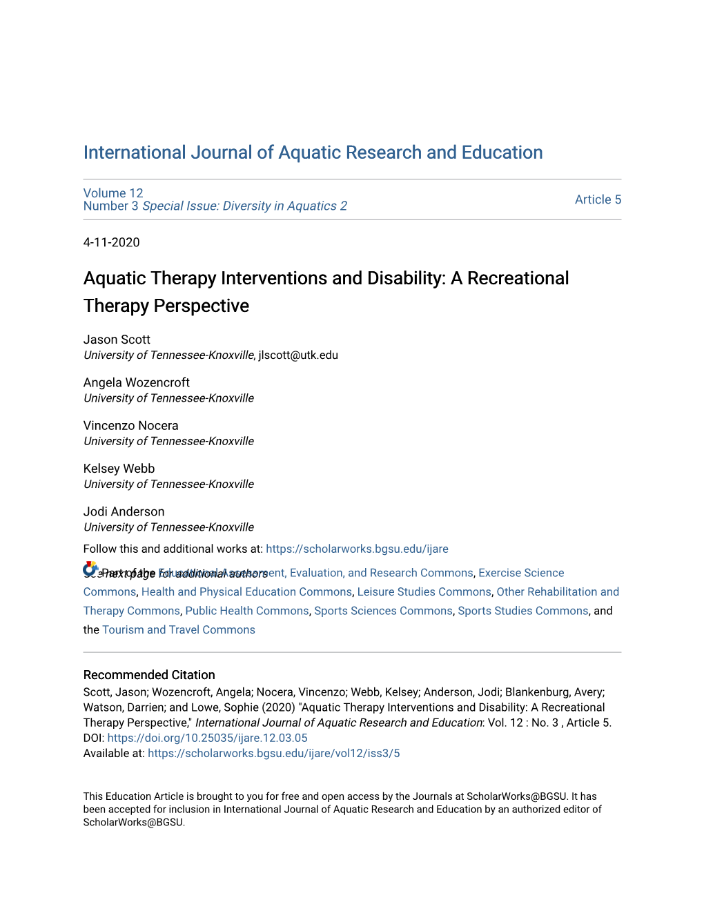 Aquatic Therapy Interventions and Disability: a Recreational Therapy Perspective