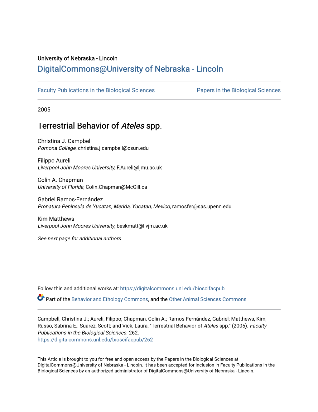 Terrestrial Behavior of &lt;I&gt;Ateles&lt;/I&gt; Spp