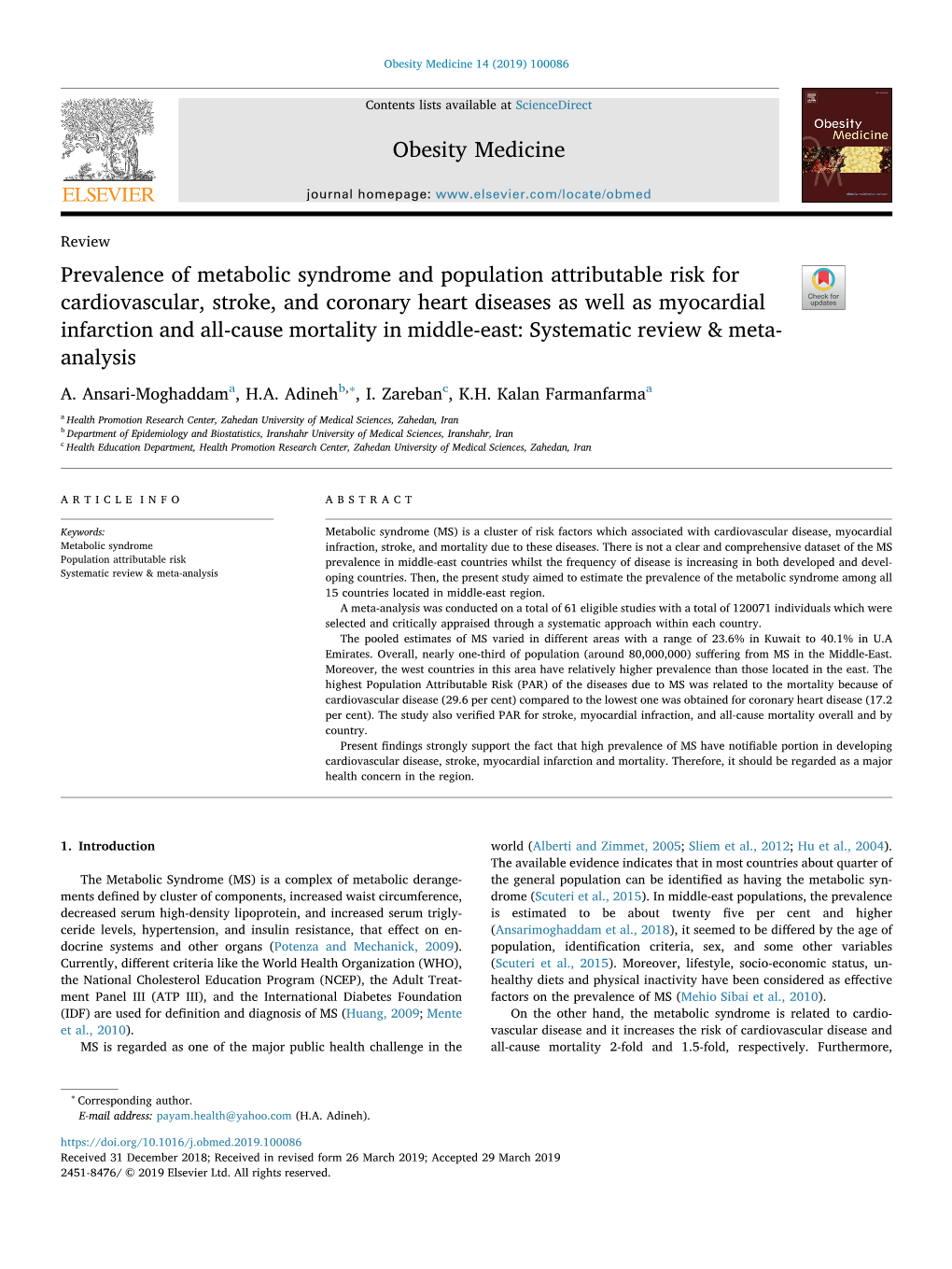 Prevalence of Metabolic Syndrome and Population Attributable Risk For