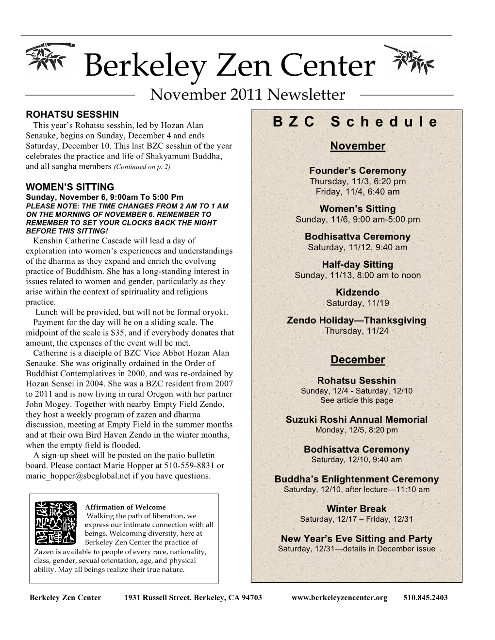 Berkeley Zen Center November 2011 Newsletter