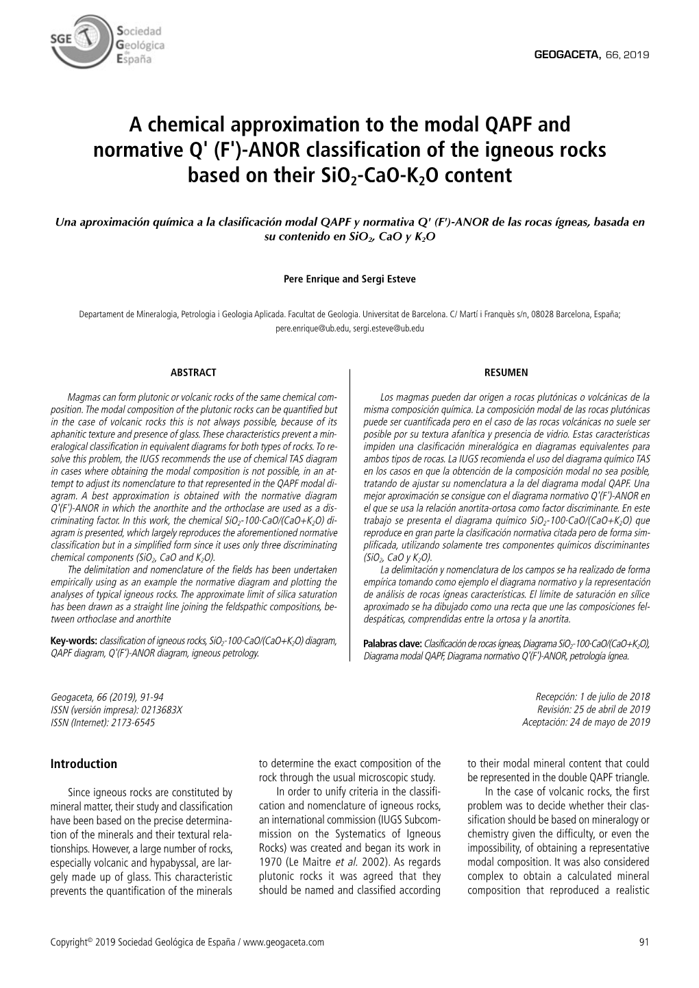 A Chemical Approximation to the Modal QAPF and Normative Q' (F')-ANOR Classification of the Igneous Rocks Based on Their Sio2-Ca