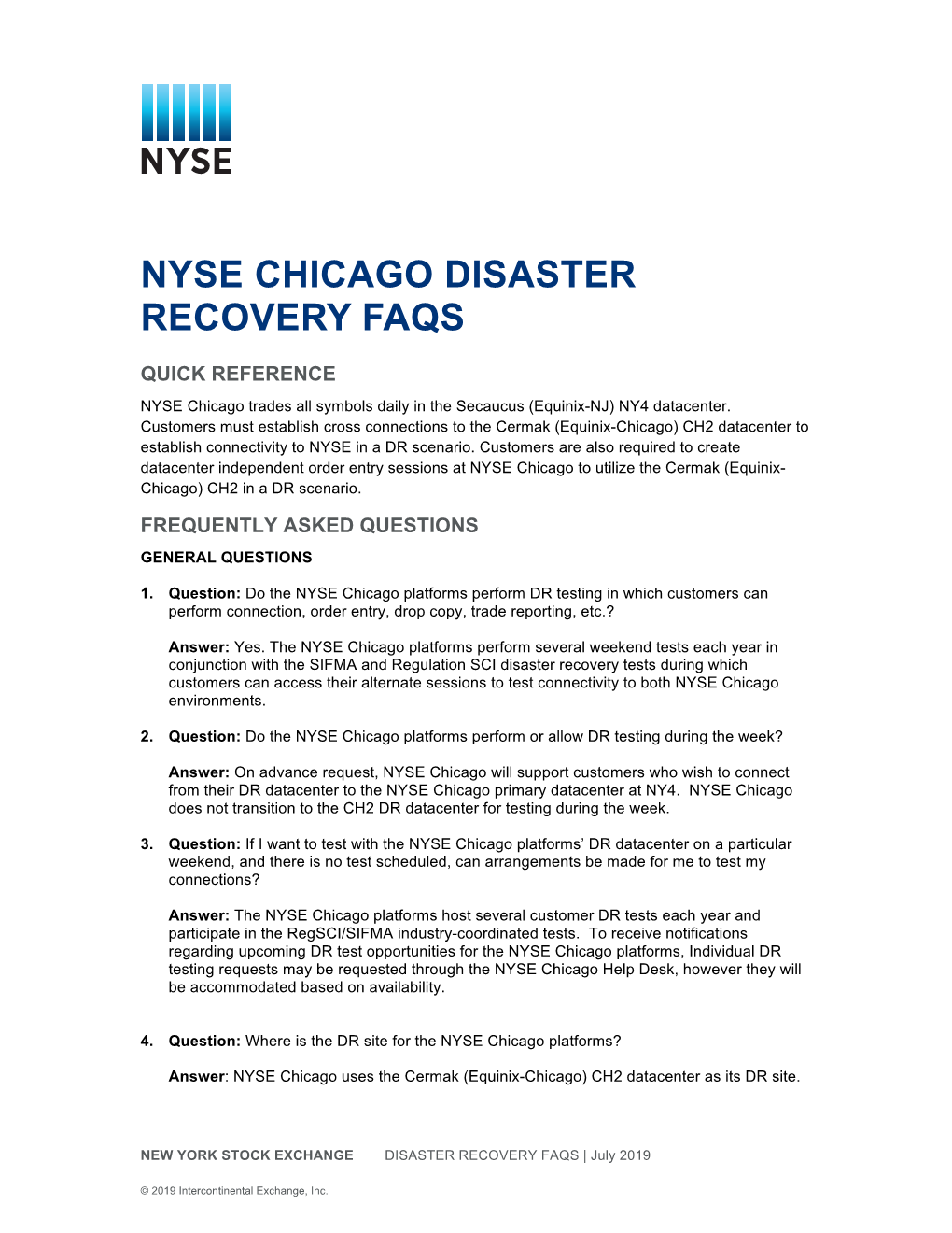Nyse Chicago Disaster Recovery Faqs