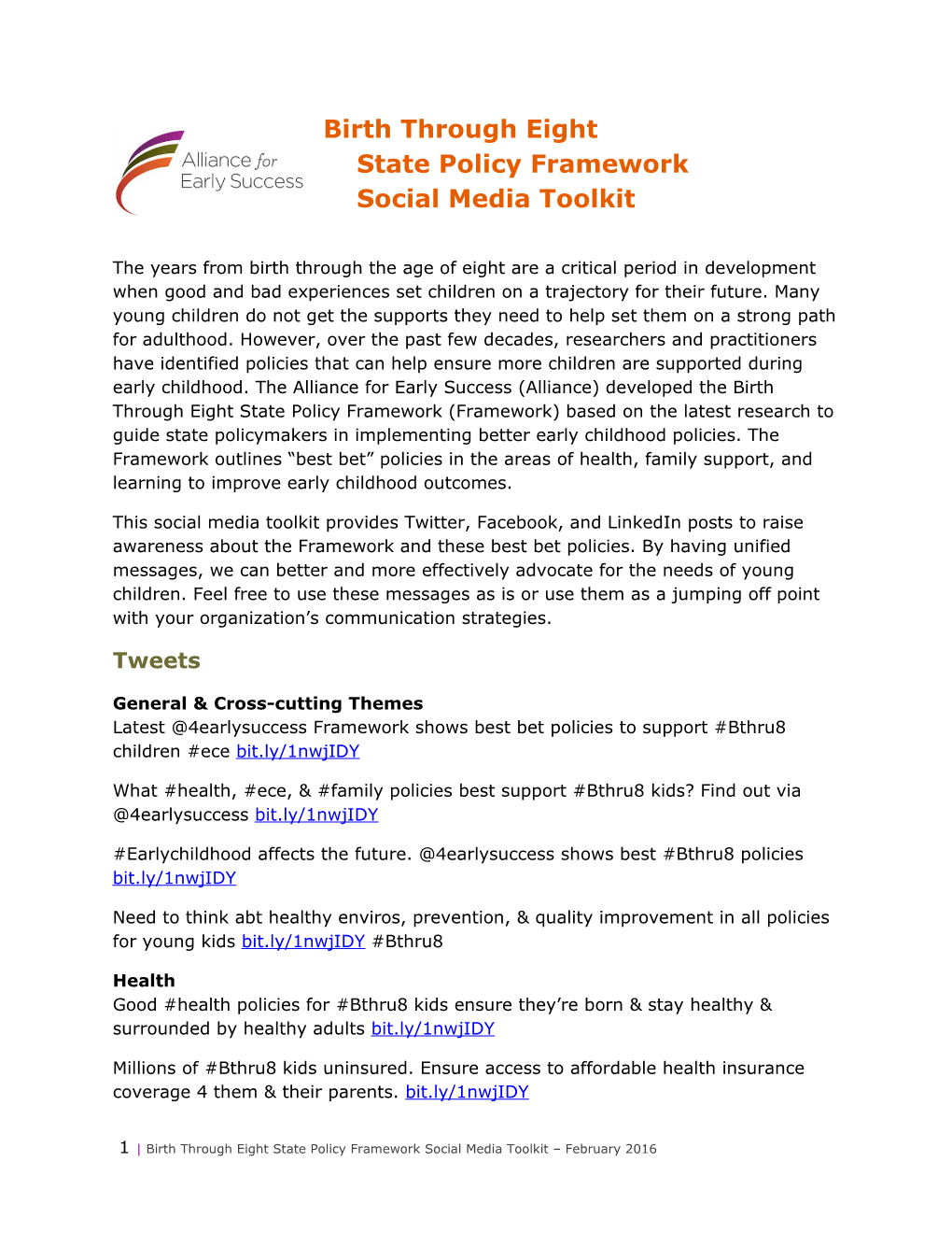 Birth Through Eight State Policy Framework Social Media Toolkit