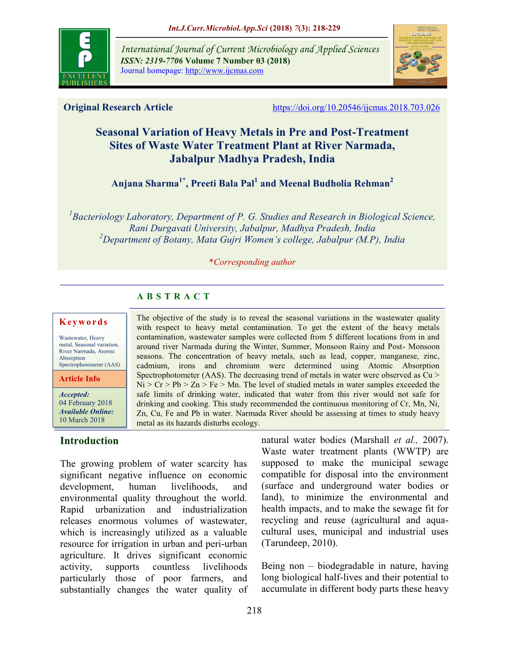 Seasonal Variation of Heavy Metals in Pre and Post-Treatment Sites of Waste Water Treatment Plant at River Narmada, Jabalpur Madhya Pradesh, India