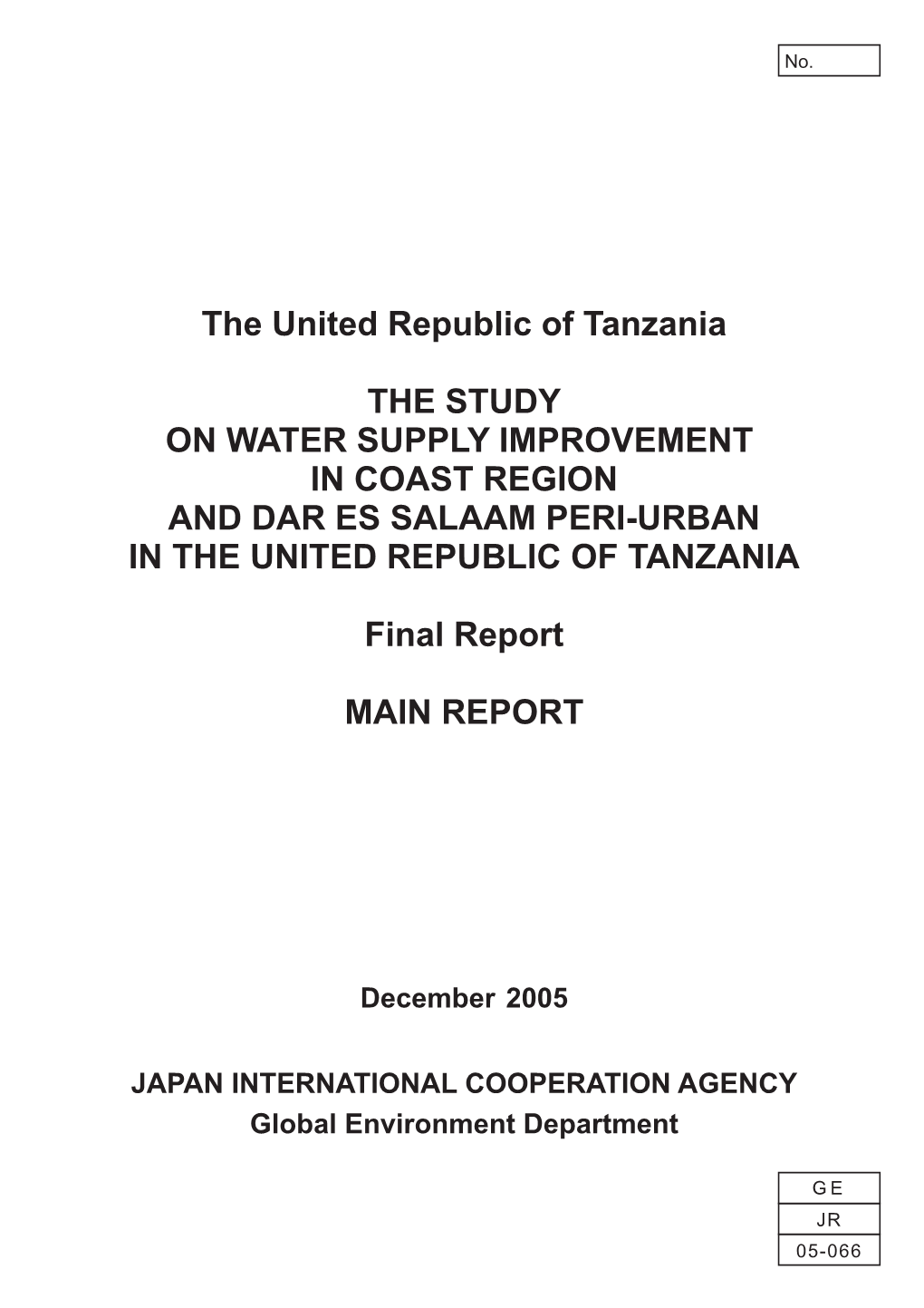 The United Republic of Tanzania the STUDY on WATER SUPPLY