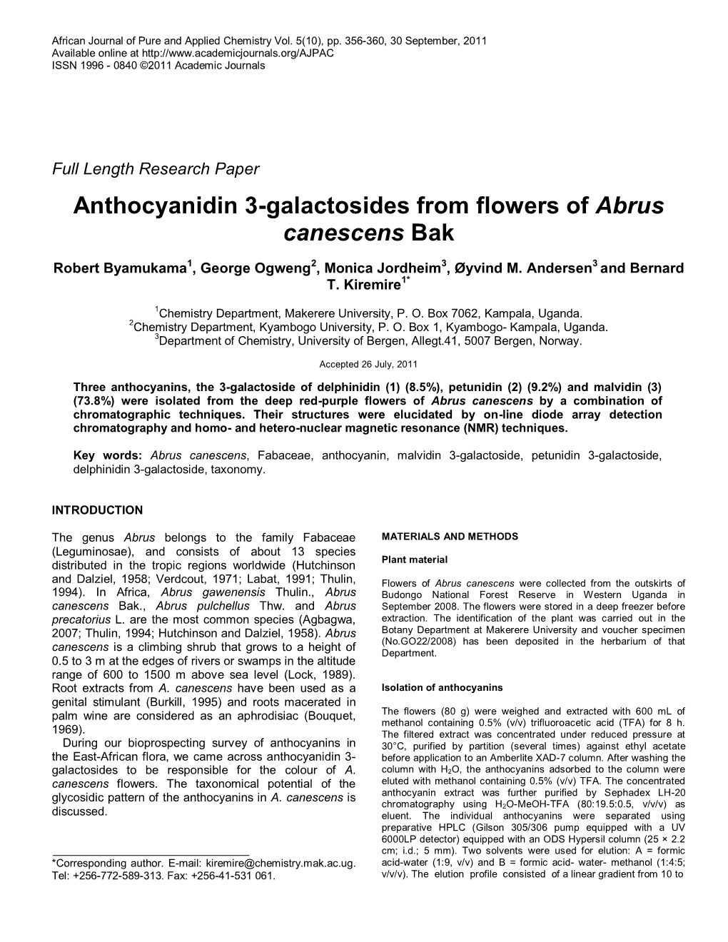 Anthocyanidin 3-Galactosides from Flowers of Abrus Canescens Bak