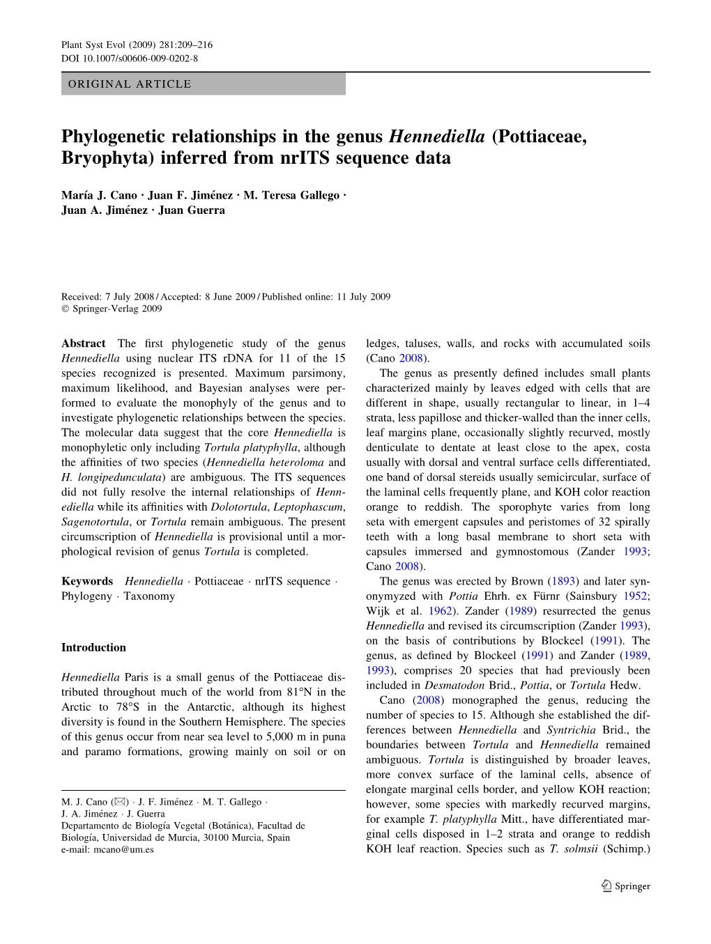 Phylogenetic Relationships in the Genus Hennediella (Pottiaceae, Bryophyta) Inferred from Nrits Sequence Data