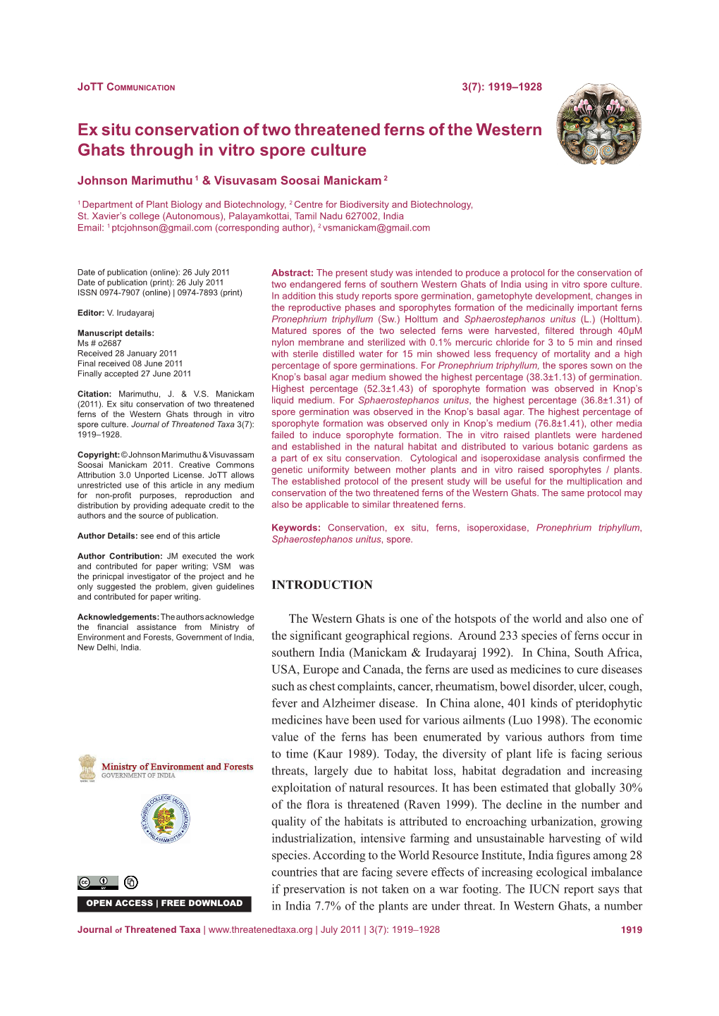 Ex Situ Conservation of Two Threatened Ferns of the Western Ghats Through in Vitro Spore Culture