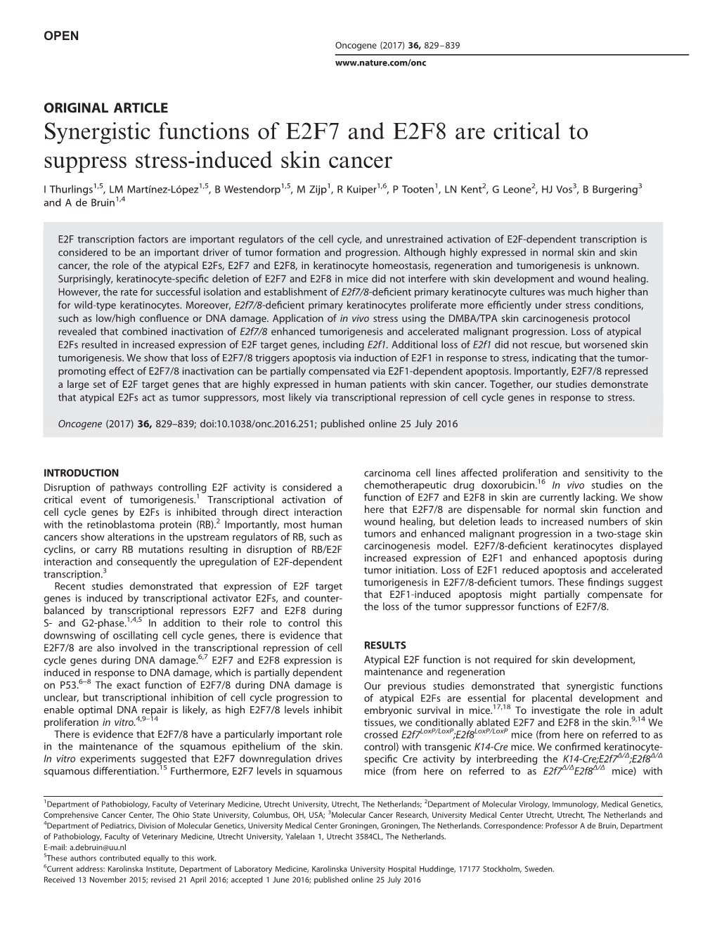 Synergistic Functions of E2F7 and E2F8 Are Critical to Suppress Stress-Induced Skin Cancer