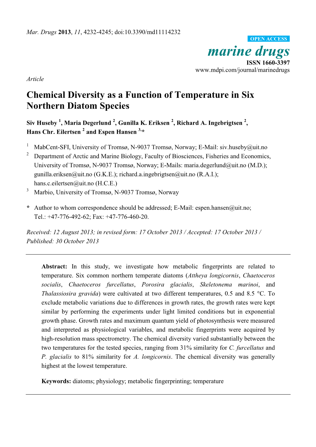 Chemical Diversity As a Function of Temperature in Six Northern Diatom Species