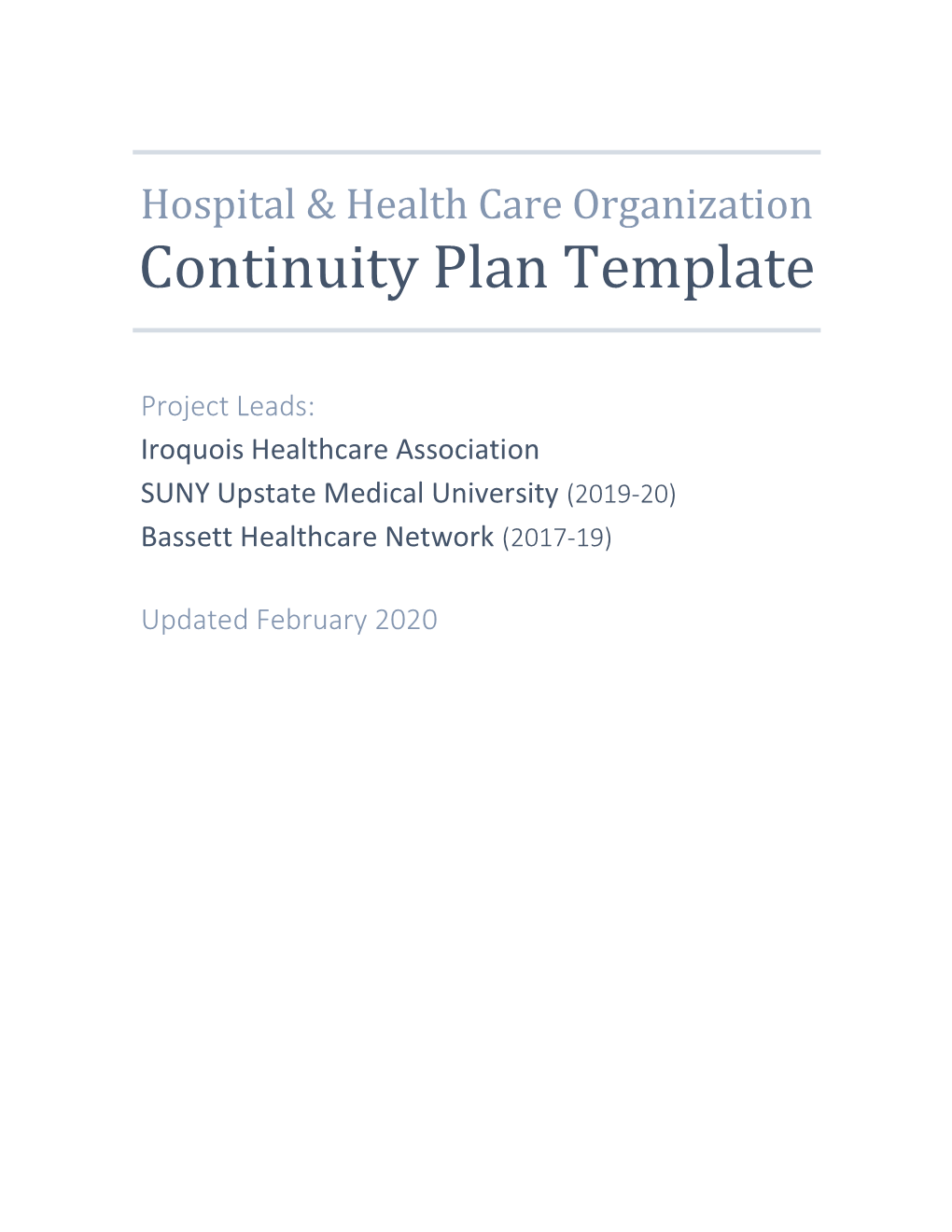 Continuity Plan Template for Hospitals And
