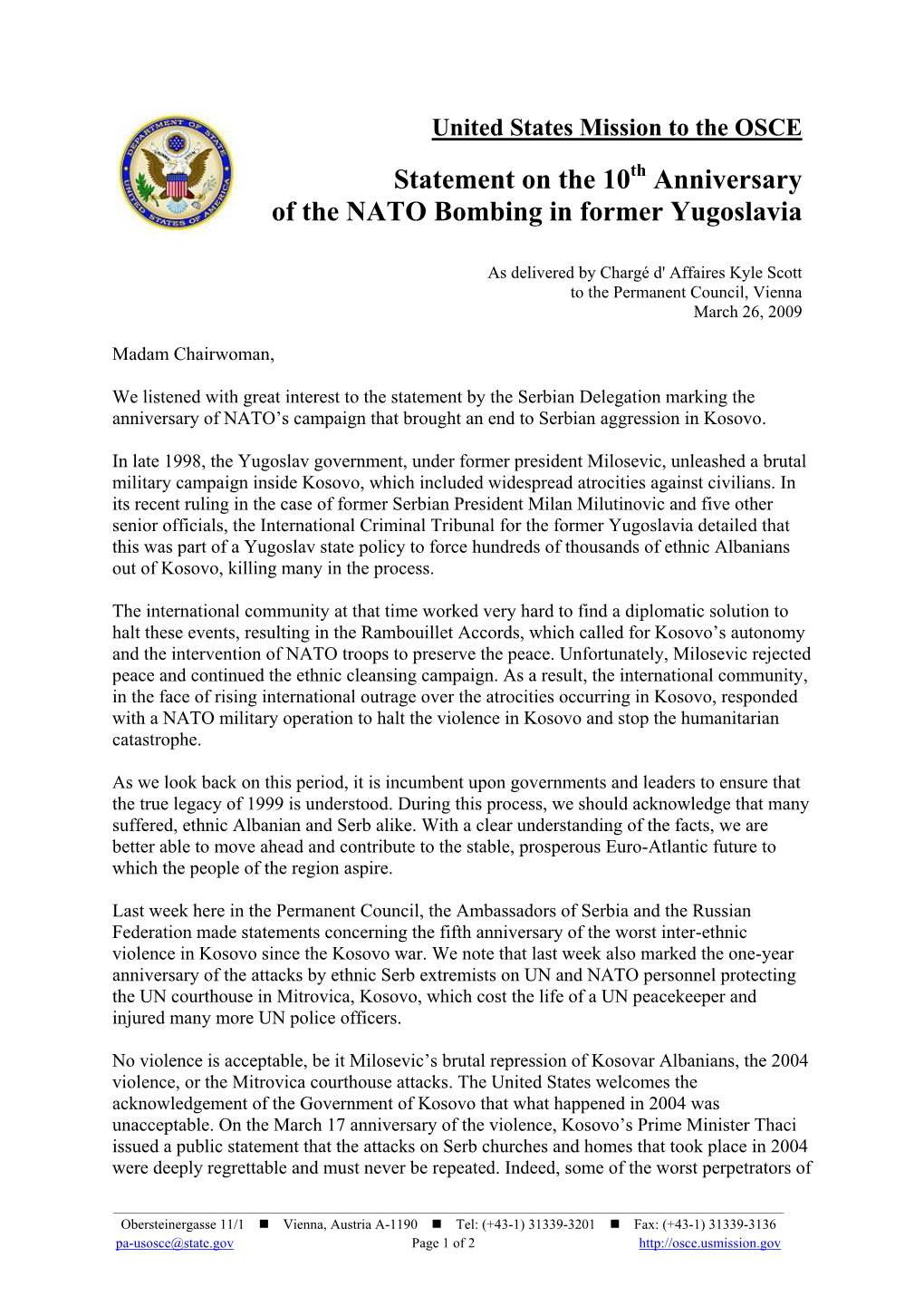 Statement on the 10 Anniversary of the NATO Bombing in Former Yugoslavia