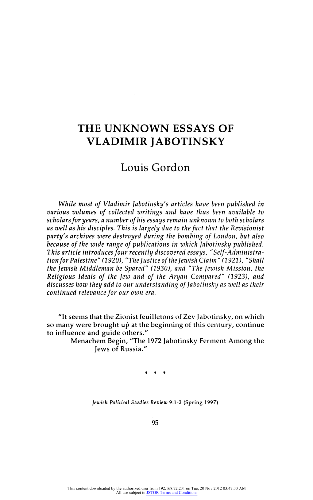 The Unknown Essays of Vladimir Jabotinsky