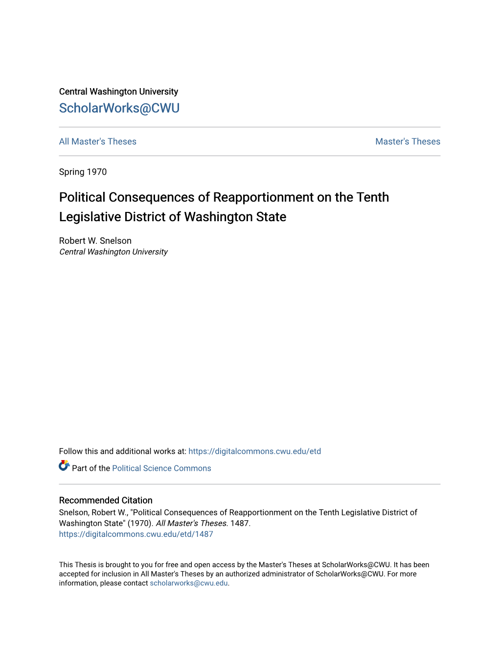 Political Consequences of Reapportionment on the Tenth Legislative District of Washington State