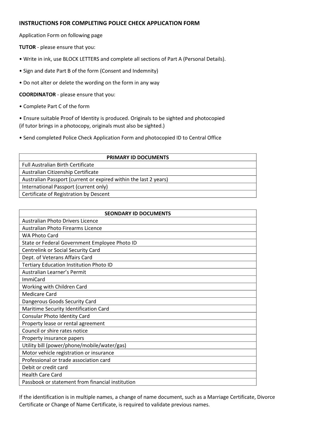 Instructions for Completing Police Check Application Form