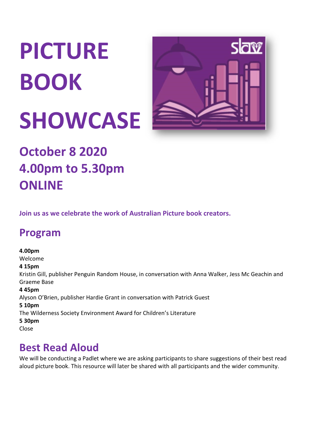 PICTURE BOOK SHOWCASE October 8 2020 4.00Pm to 5.30Pm ONLINE