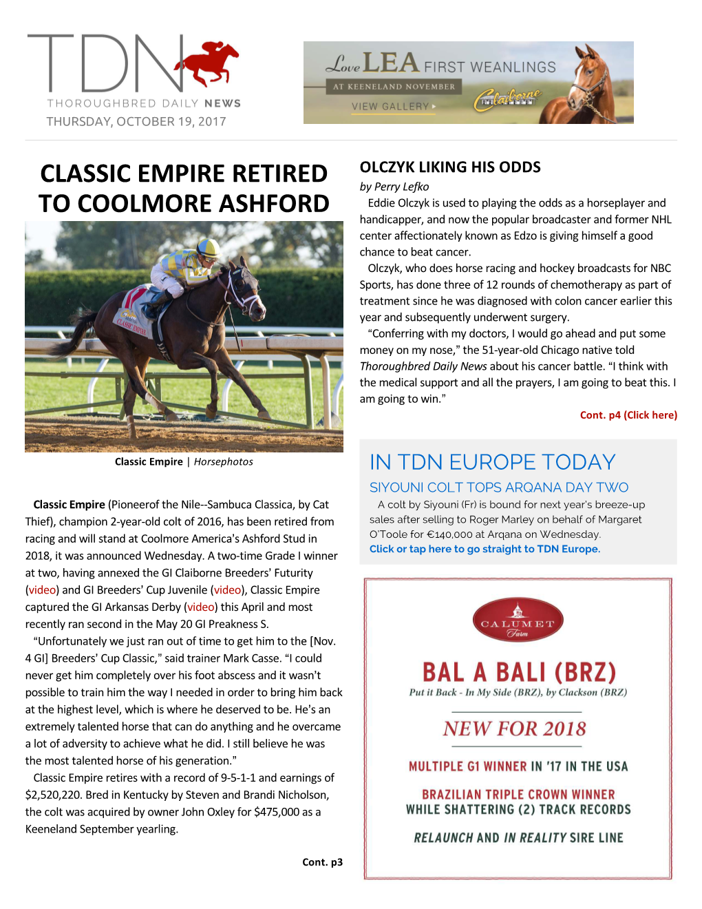 Classic Empire Retired to Coolmore Ashford