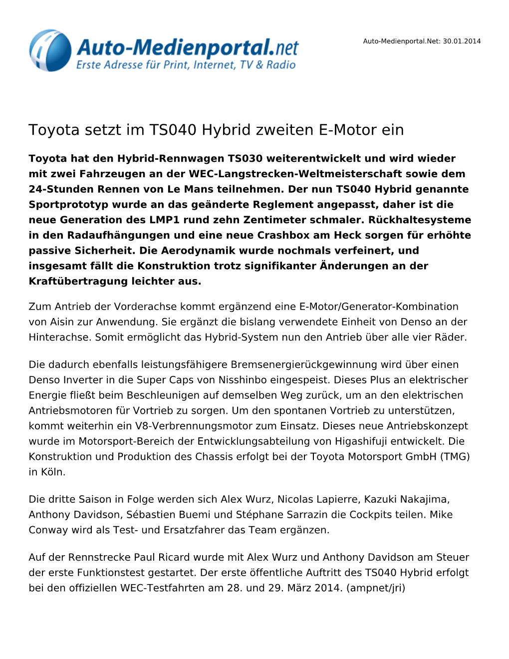 Toyota Setzt Im TS040 Hybrid Zweiten E-Motor Ein