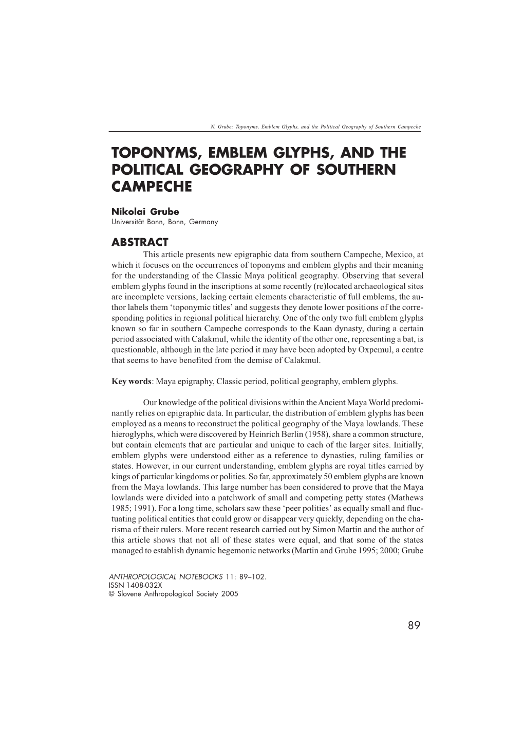 Toponyms, Emblem Glyphs, and the Political Geography of Southern Campeche