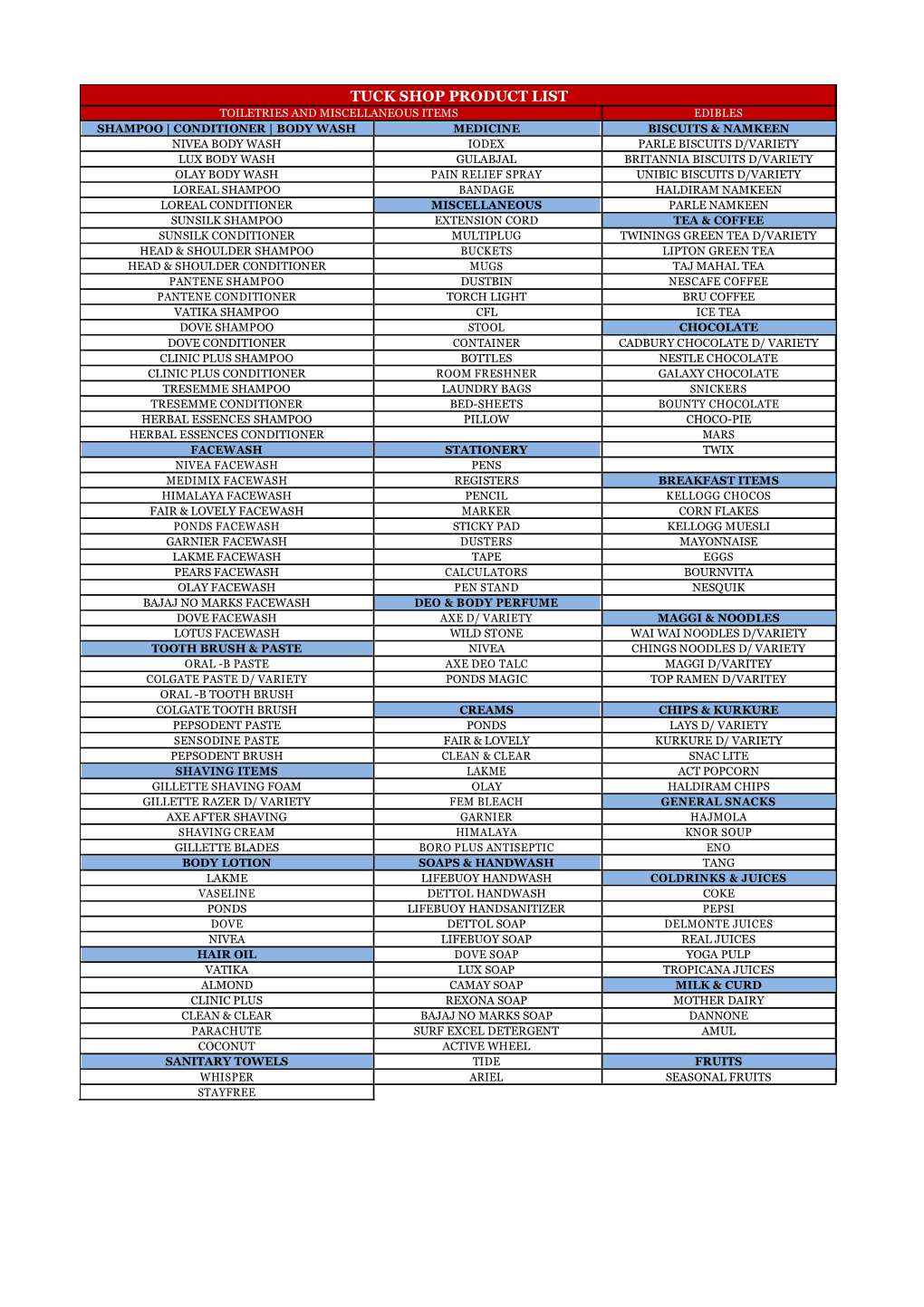 Tuck Shop Product List