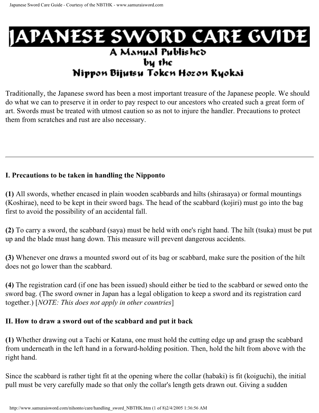 Japanese Sword Care Guide - Courtesy of the NBTHK