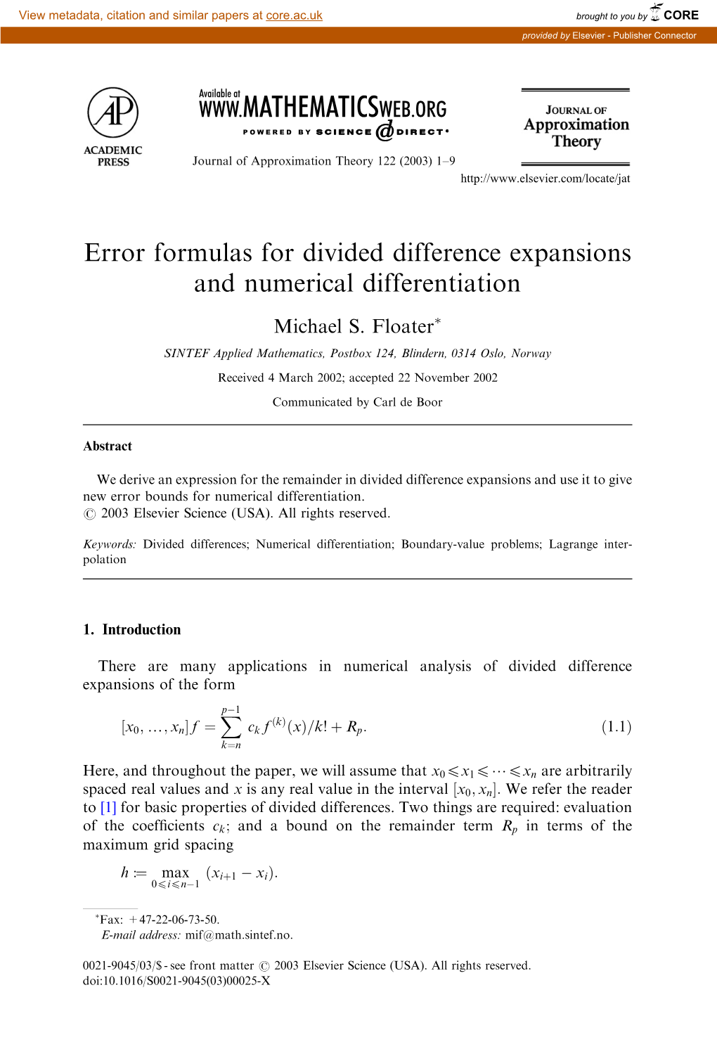 Error Formulas for Divided Difference Expansions and Numerical Differentiation