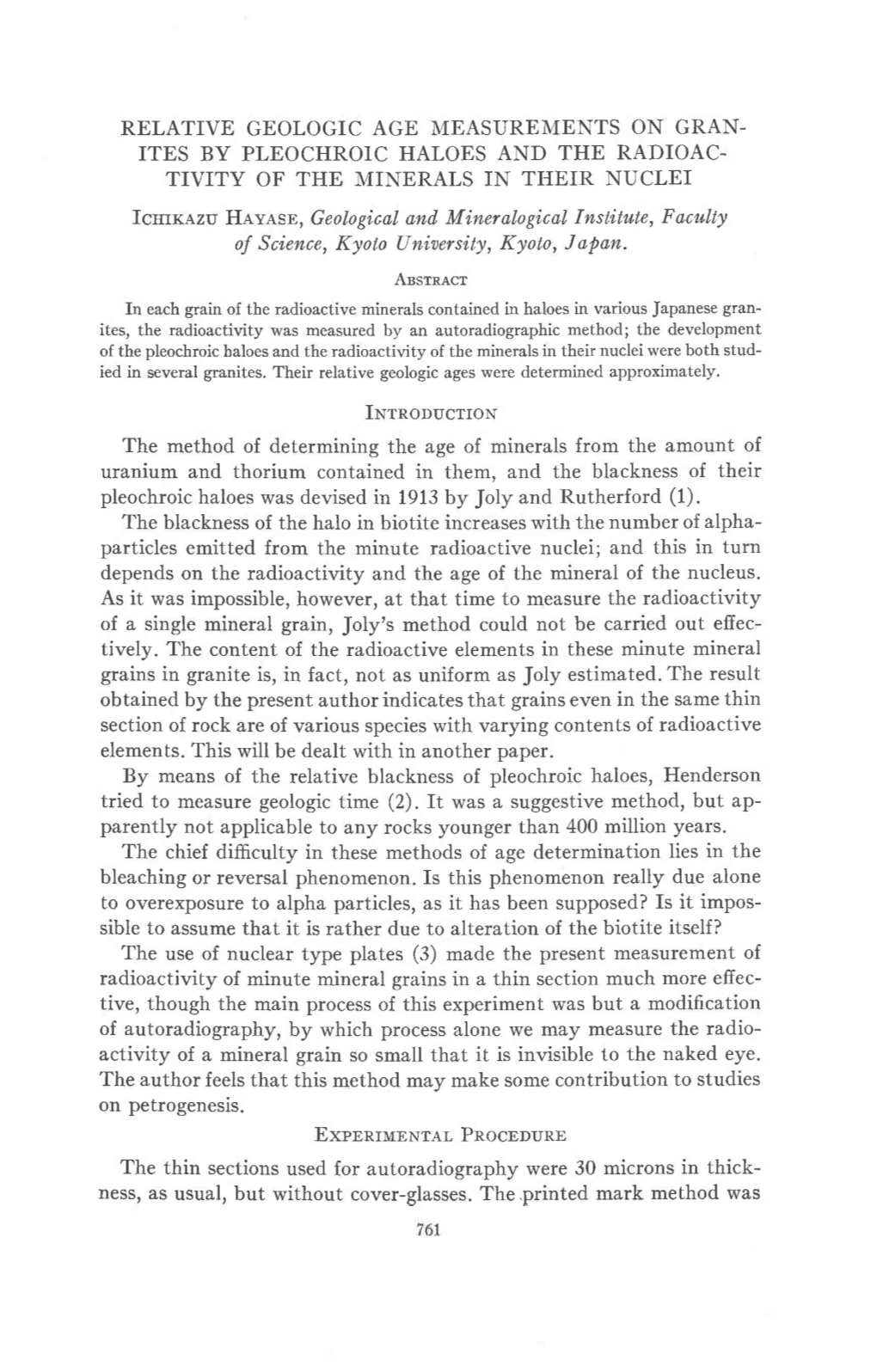 RELATIVE GEOLOGIC AGE MEASUREMENTS on GRAN- ITES by PLEOCHROIC HALOES and the RADIOAC- TIVITY of the MINERALS in THEIR NUCLEI Icsrxezu Hevasn,Geological And