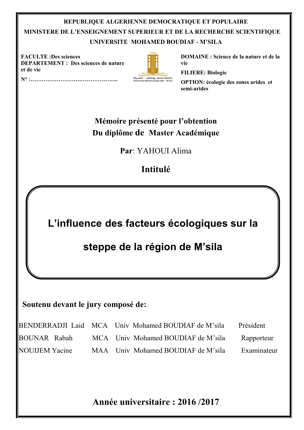 L'influence Des Facteurs Écologiques Sur La Steppe De La Région De M'sila