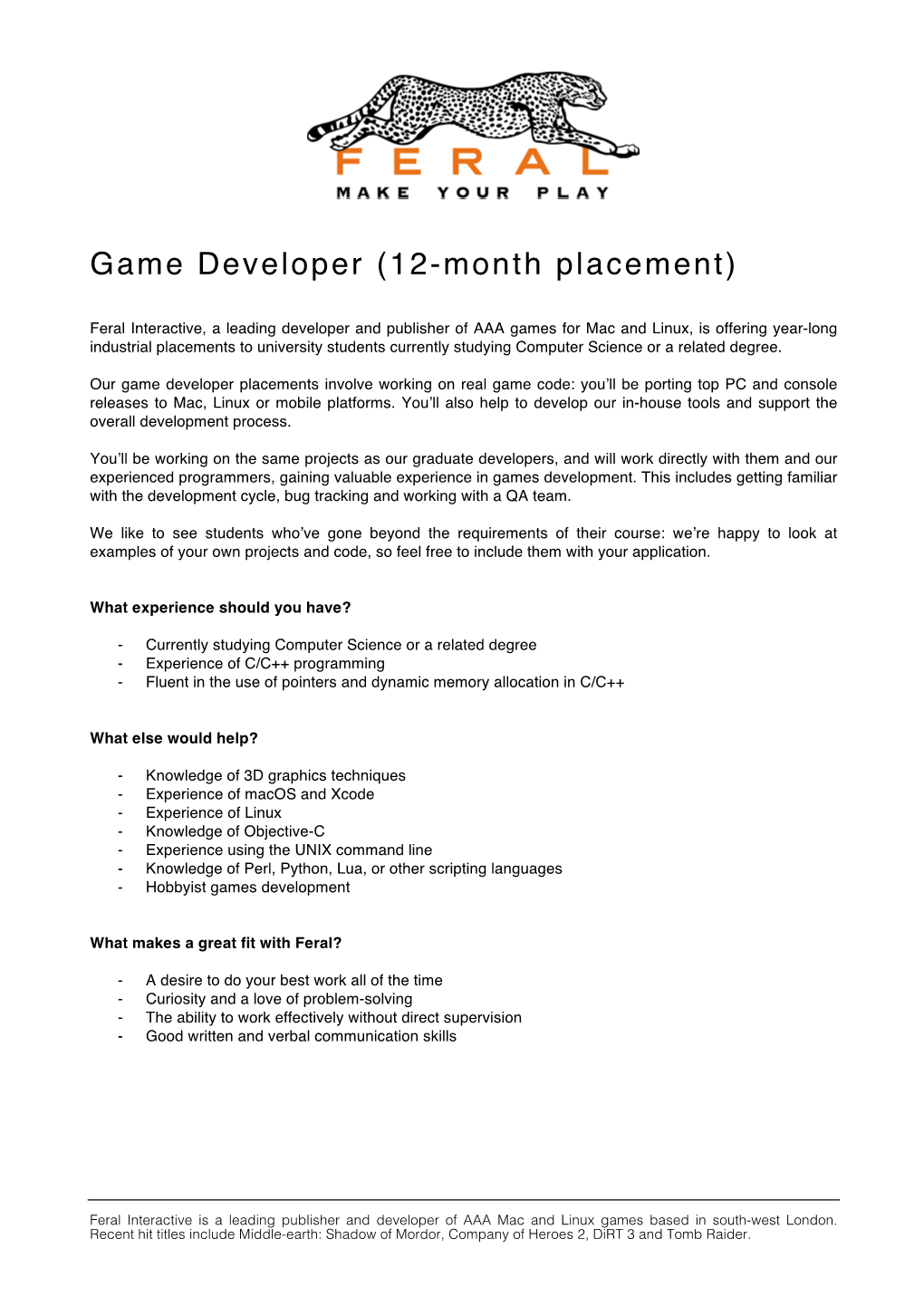 Game Developer (12-Month Placement)