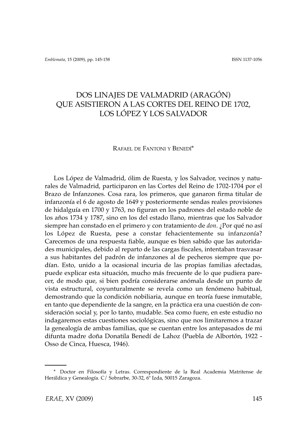 Dos Linajes De Valmadrid (Aragón) Que Asistieron a Las Cortes Del Reino De 1702, Los López Y Los Salvador