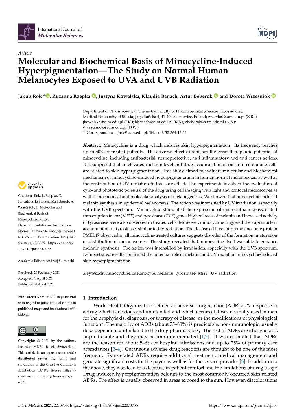 Molecular and Biochemical Basis of Minocycline-Induced Hyperpigmentation—The Study on Normal Human Melanocytes Exposed to UVA and UVB Radiation