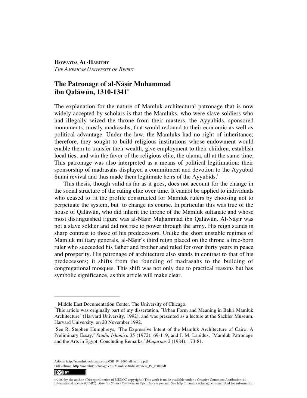 The Patronage of Al-Nasir Muhammad Ibn Qalawun, 1310-1341 (MSR IV, 2000)