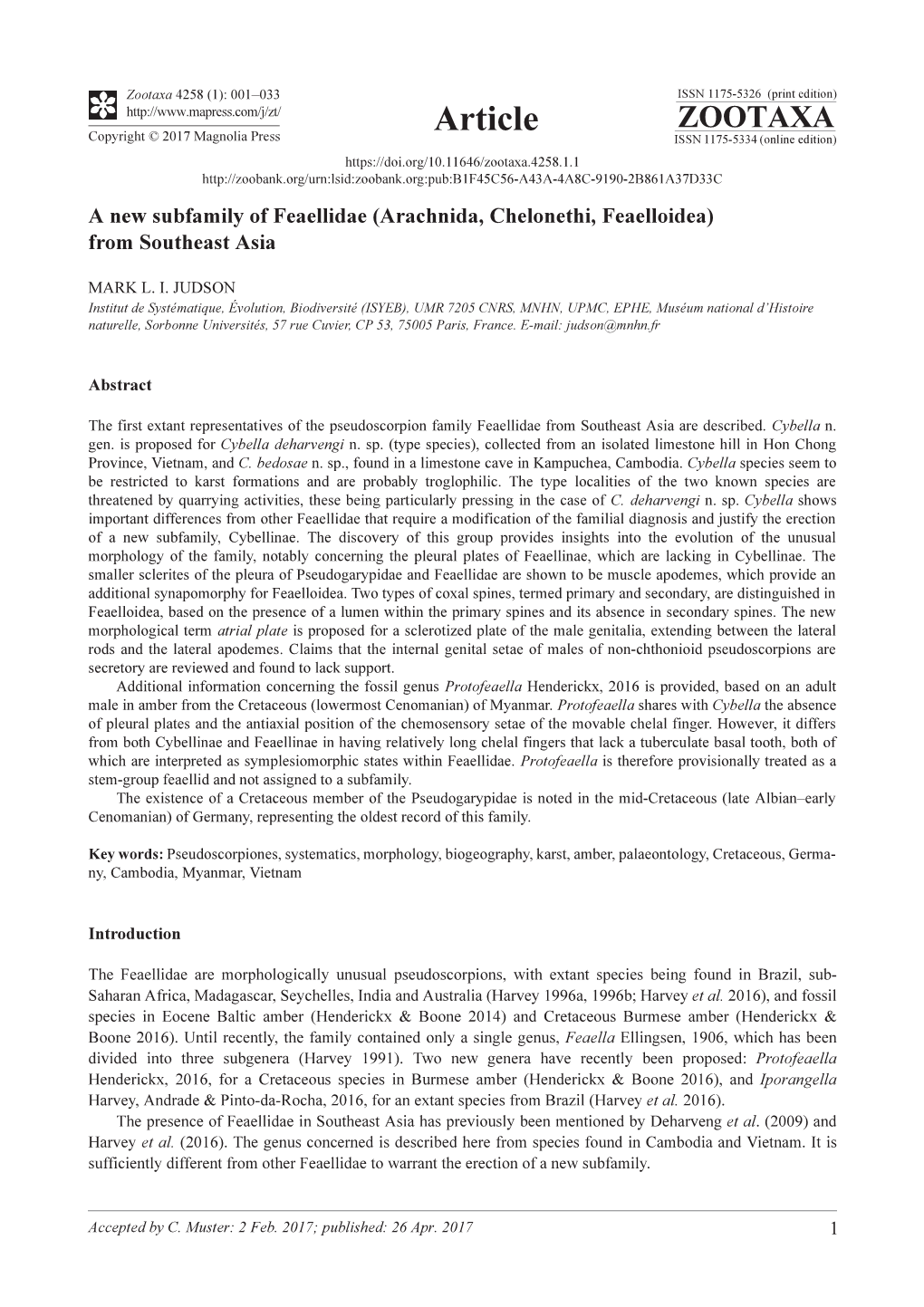 A New Subfamily of Feaellidae (Arachnida, Chelonethi, Feaelloidea) from Southeast Asia