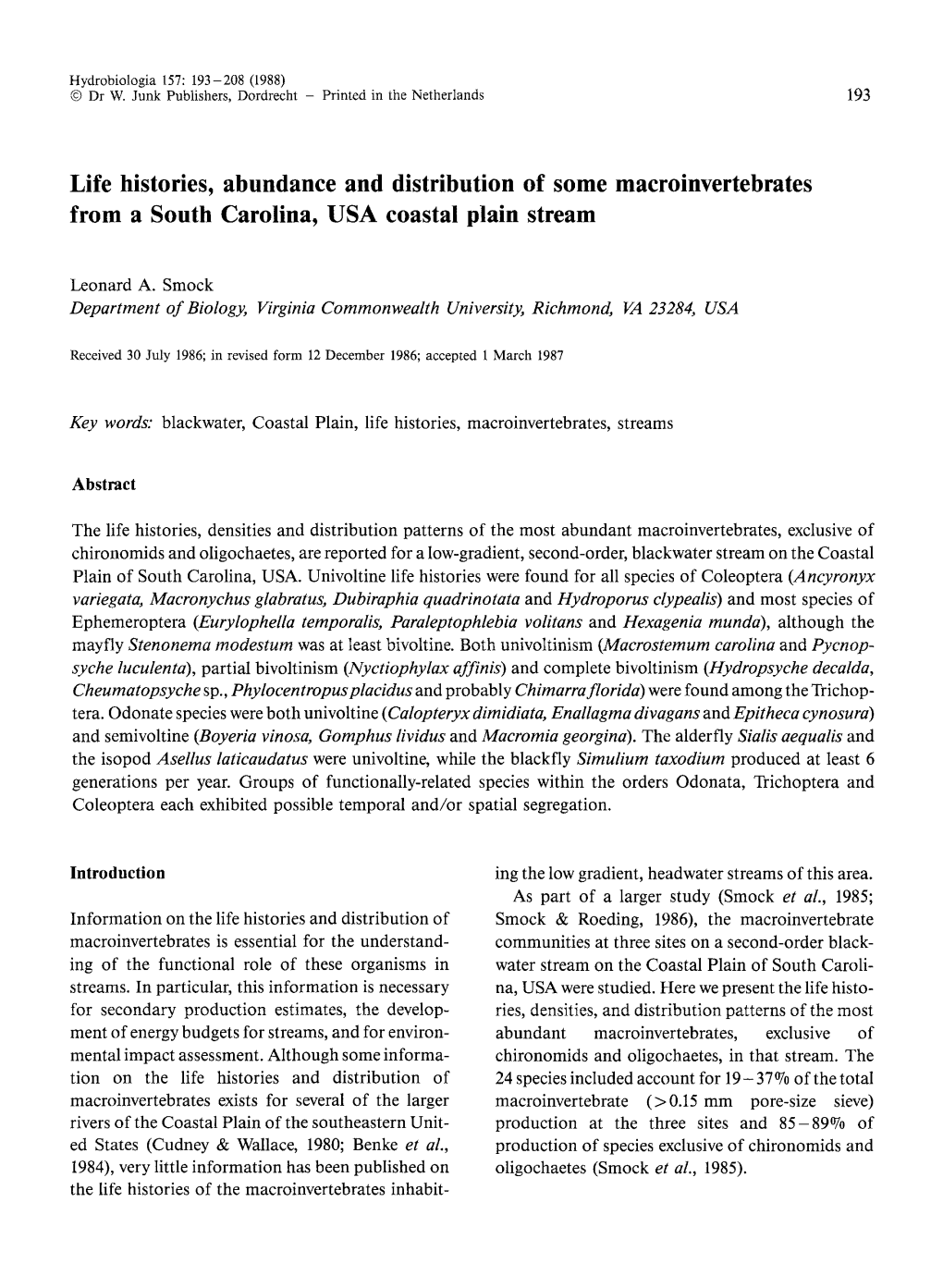 Life Histories, Abundance and Distribution of Some Macroinvertebrates from a South Carolina, USA Coastal Plain Stream