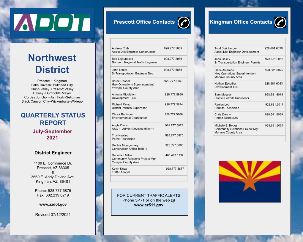 Northwest District Maintenance I-17 /SR 69 @ MP 263.0 928-277-2780 I-17 232.0-278.3 SR 69 262.9-281.1 SR 169 0.0-15.1