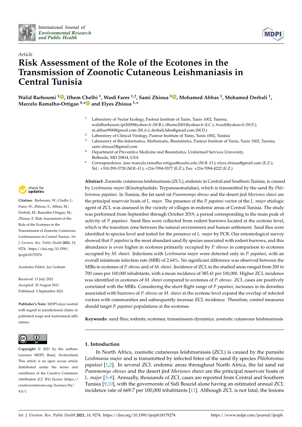 Risk Assessment of the Role of the Ecotones in the Transmission of Zoonotic Cutaneous Leishmaniasis in Central Tunisia