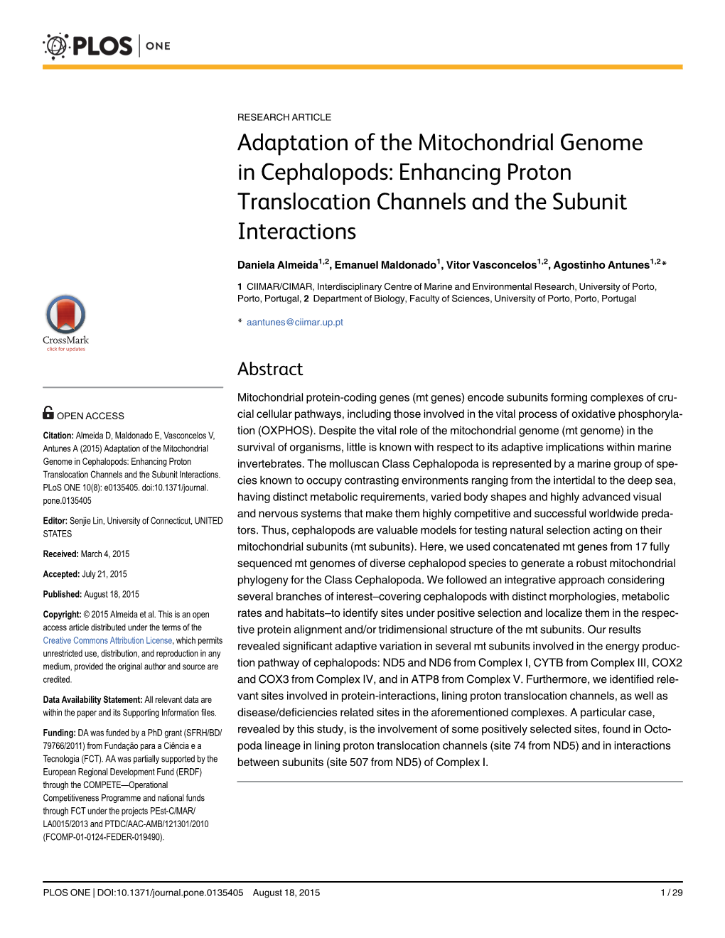 Adaptation of the Mitochondrial Genome in Cephalopods: Enhancing Proton Translocation Channels and the Subunit Interactions