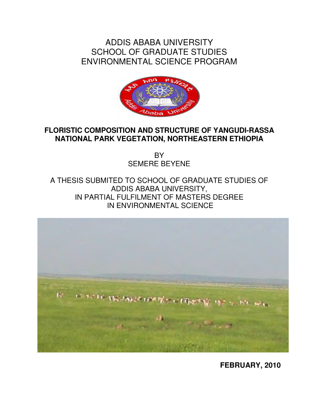 Addis Ababa University School of Graduate Studies Environmental Science Program