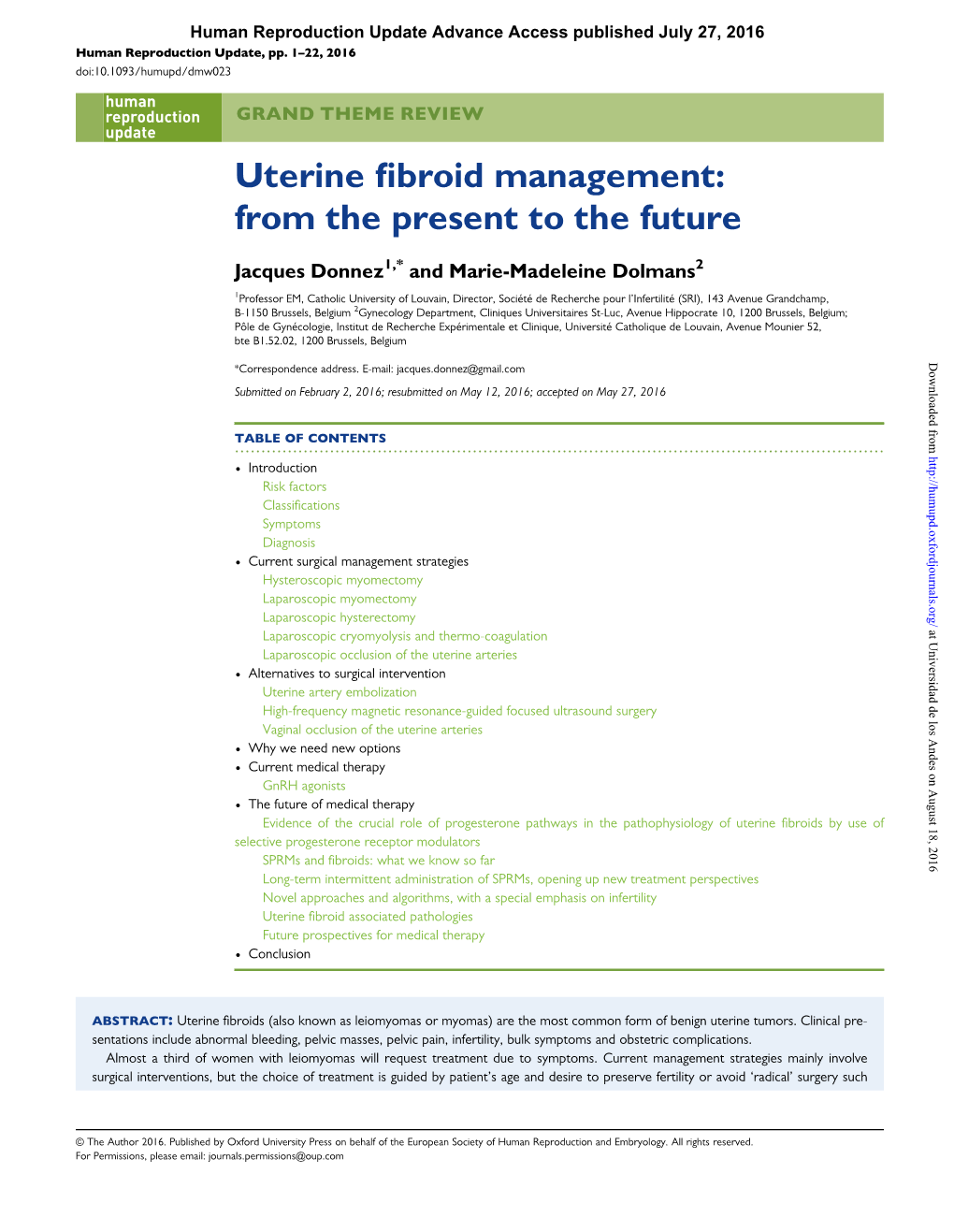 Uterine Fibroid Management: from the Present to the Future