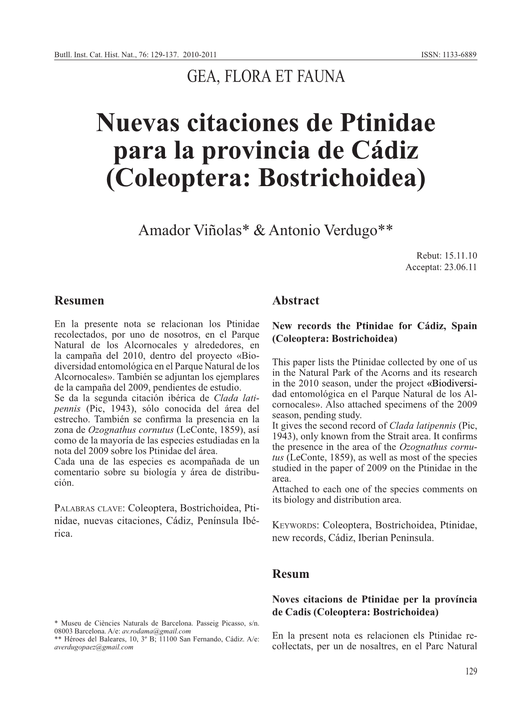 Nuevas Citaciones De Ptinidae Para La Provincia De Cádiz (Coleoptera: Bostrichoidea)